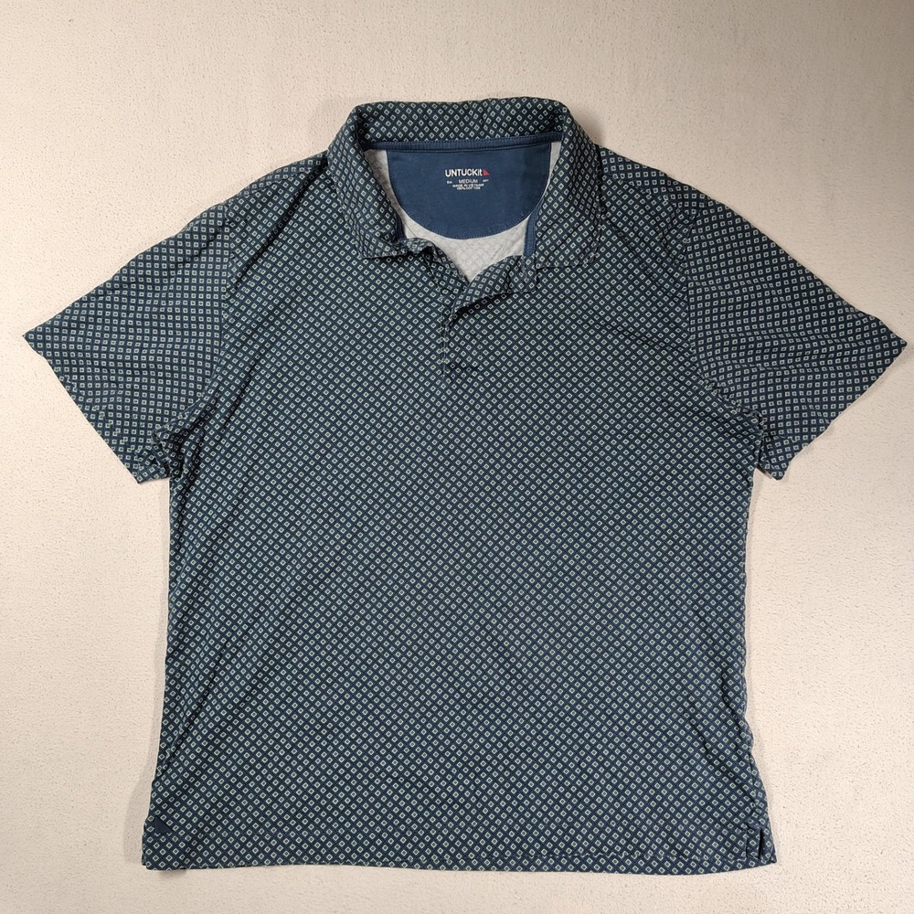UNTUCKit Shirt Mens Medium Navy Printed Damaschino Polo Geometric Short Sleeve